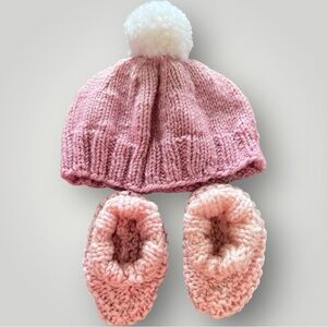 Handmade Pink Knit Baby Hat and Booties Set